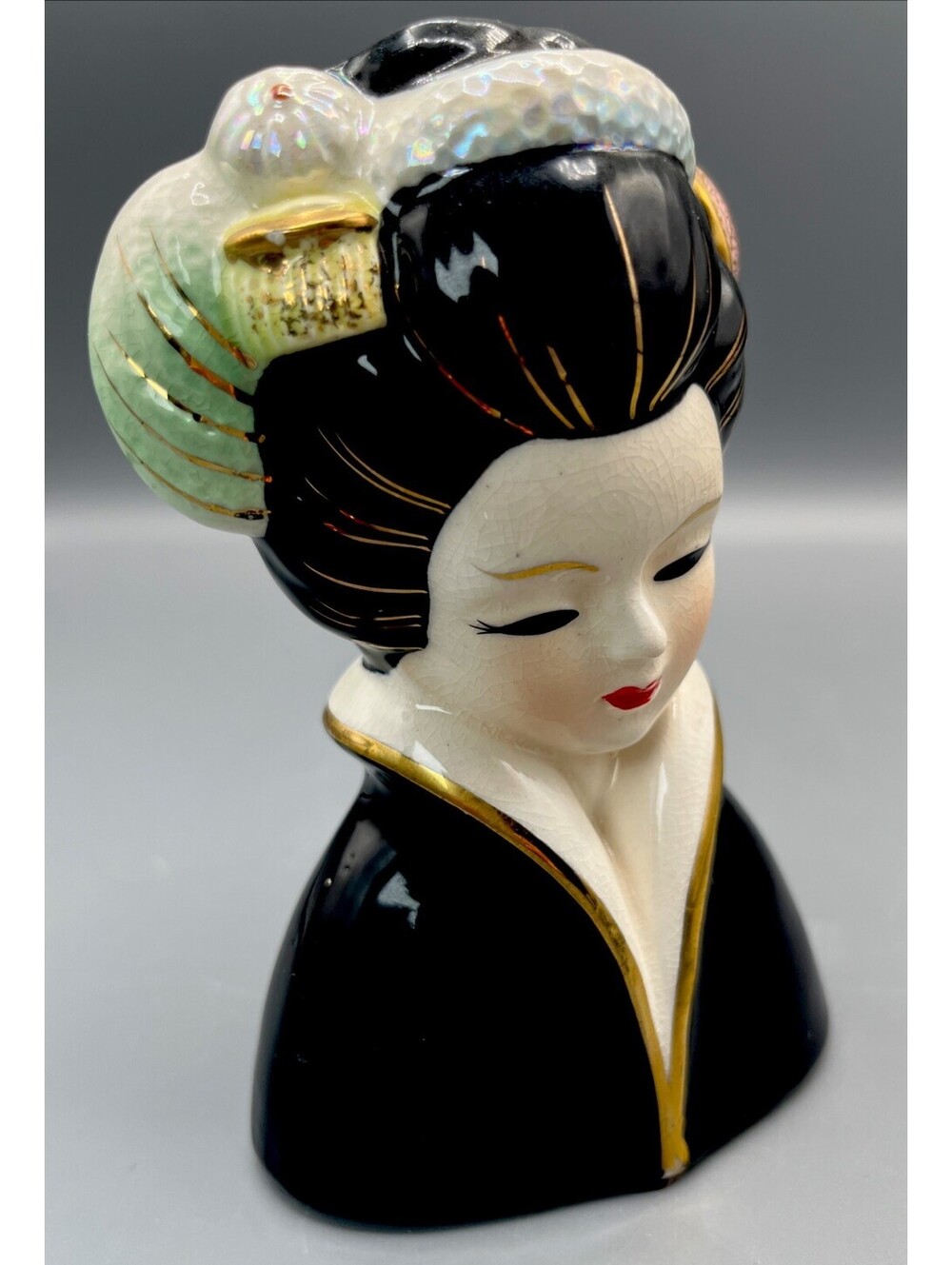 Rare Vintage Japan Geisha Lady Head Vase Black Robe Gold Madame Butterfly MCM - Picture 7 of 11